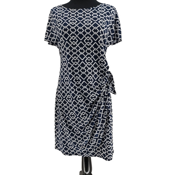 Signature By Robbie Bee Blue White Petite Wrap Dress Size PM Stretch Tie Waist - Picture 1 of 10